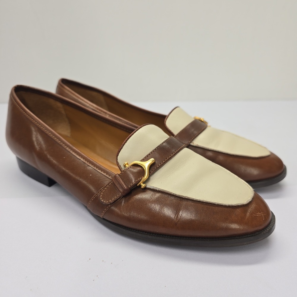 Etienne Aigner Tracy‎ Brown Cream Leather Loafers Gold Bit Size 9.5M Brazil